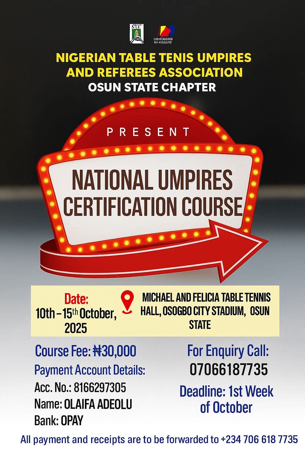 OSUN STATE TABLE TENNIS UMPIRE ASSOCIATION ANNOUNCES NATIONAL UMPIRE CERTIFICATION COURSE
