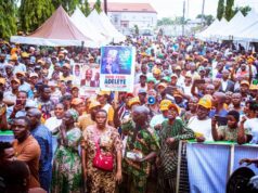 Mammoth Crowd Greets David Mark, Rauf Aregbesola as ADC Storms Ado-Ekiti for Grand Finale Rally Ahead of Governorship Election